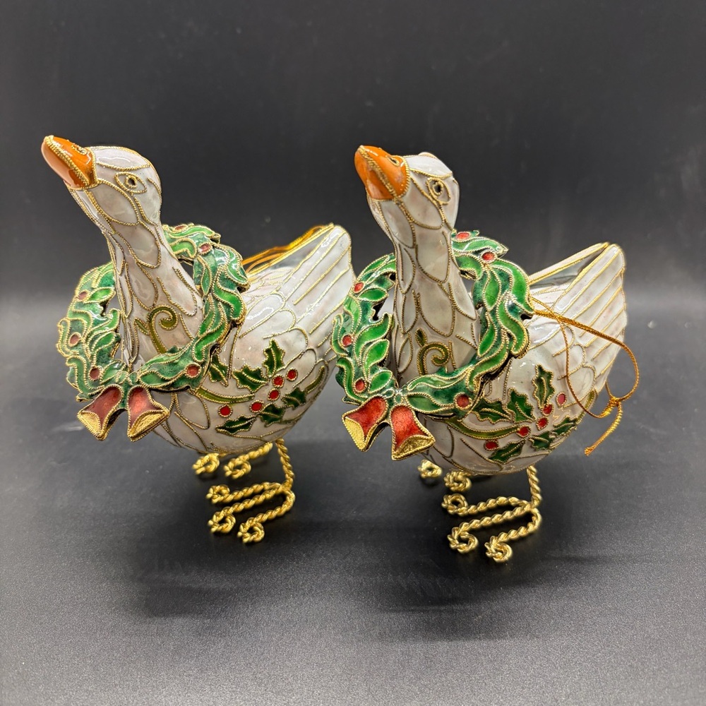 Vintage NYCO Christmas Goose Vintage RARE Ornament Pair Jeweled Wreath